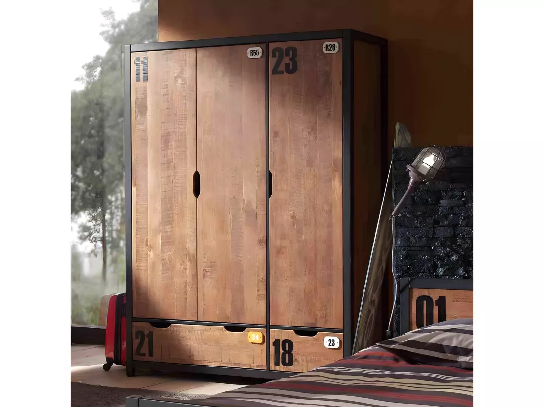 TCHAD - Armoire 3 Portes 2 Tiroirs en Pin Massif avec Motifs