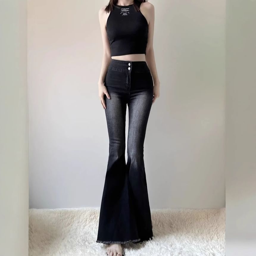 Horrysonie - High Rise Frayed Washed Bell Bottom Jeans