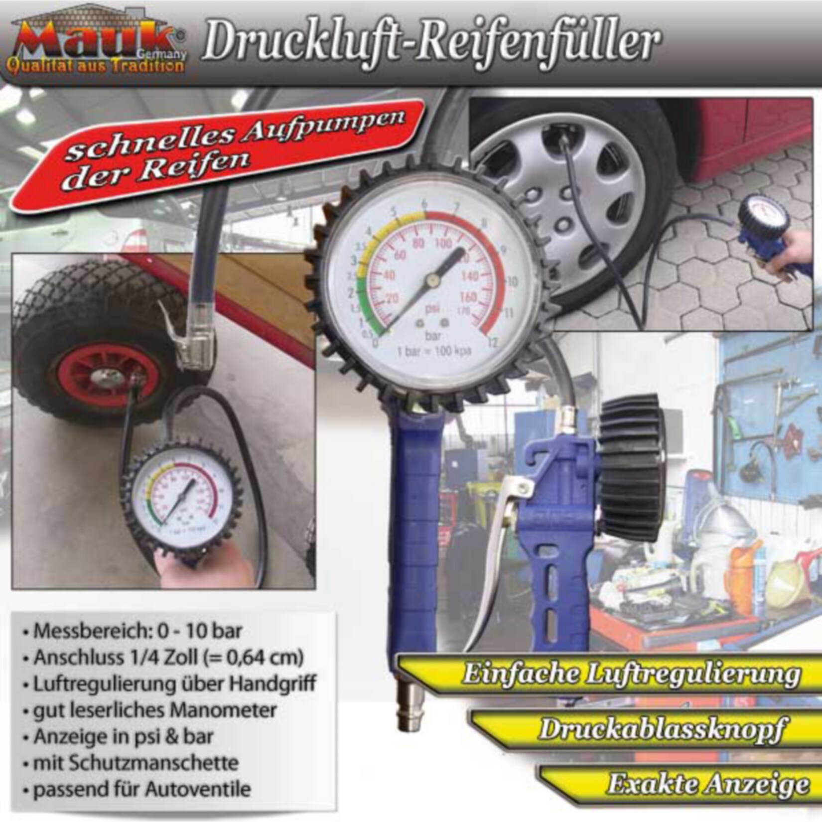 Mauk Druckluft Reifenfüller (Manometer Ø 6,3 cm) 10 bar