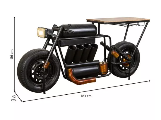 Barre porte-bouteilles moto en bois et métal noir 183x42x86h