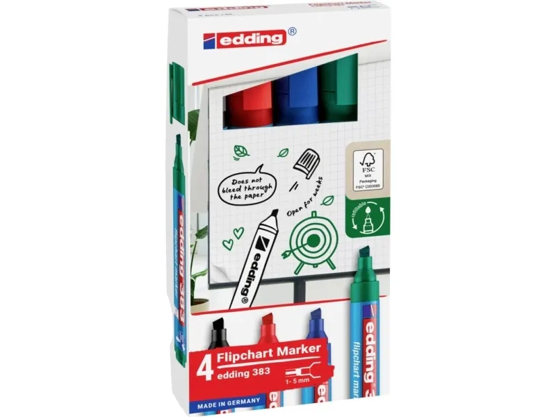Edding 383 Flipchart, 4 stk, Sort, Blå, Grøn, Rød, Mejselspids, Plast, Rund, 1 mm