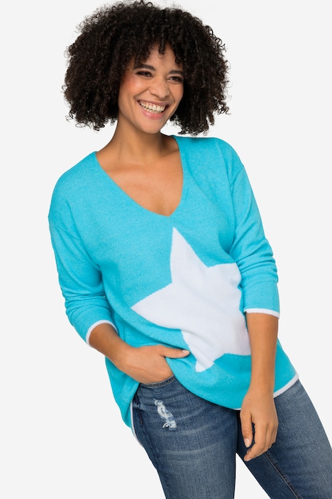Pullover, oversized, Sterne, V-Ausschnitt, Langarm