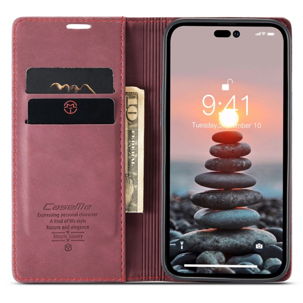 iPhone 14 Pro Max Leder Tasche Flip Wallet Etui mit Kartenfächern - Dunkelrot
