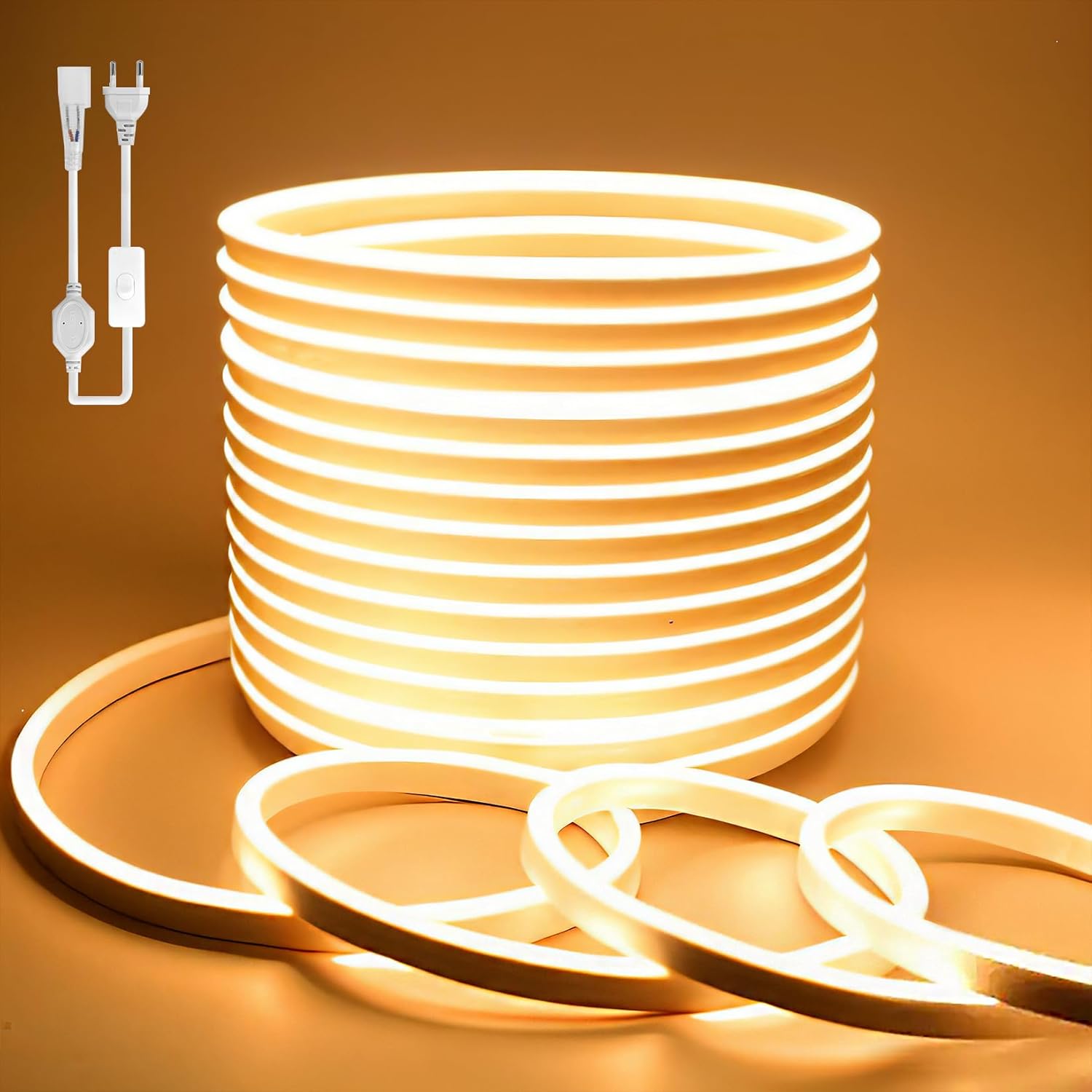BAGZY Neon LED Streifen 50M Aussenbereich, Neon Wasserdicht Strip 230V Outdoor 120 LED/M Flexibler DIY Lichtband für Innen Weihnachtsfeier Aussenbereich,mit Netzteil und Controller (Gelb,50Meter)