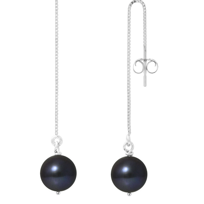 Boucles d'Oreilles Pendantes en Argent et Perles de culture Noires