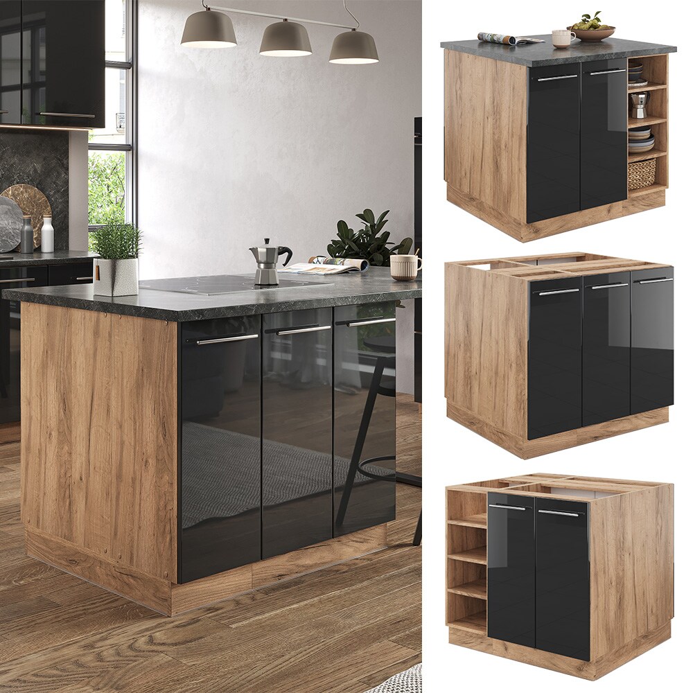 Vicco Kücheninsel Küchenblock Einbauküche Fame-Line Eiche Anthrazit 90 cm modern Hochglanz Küchen Schränke Regalunterschrank Küchenunterschrank Regalinselunterschrank Softclose-Scharnier Küchenmöbel
