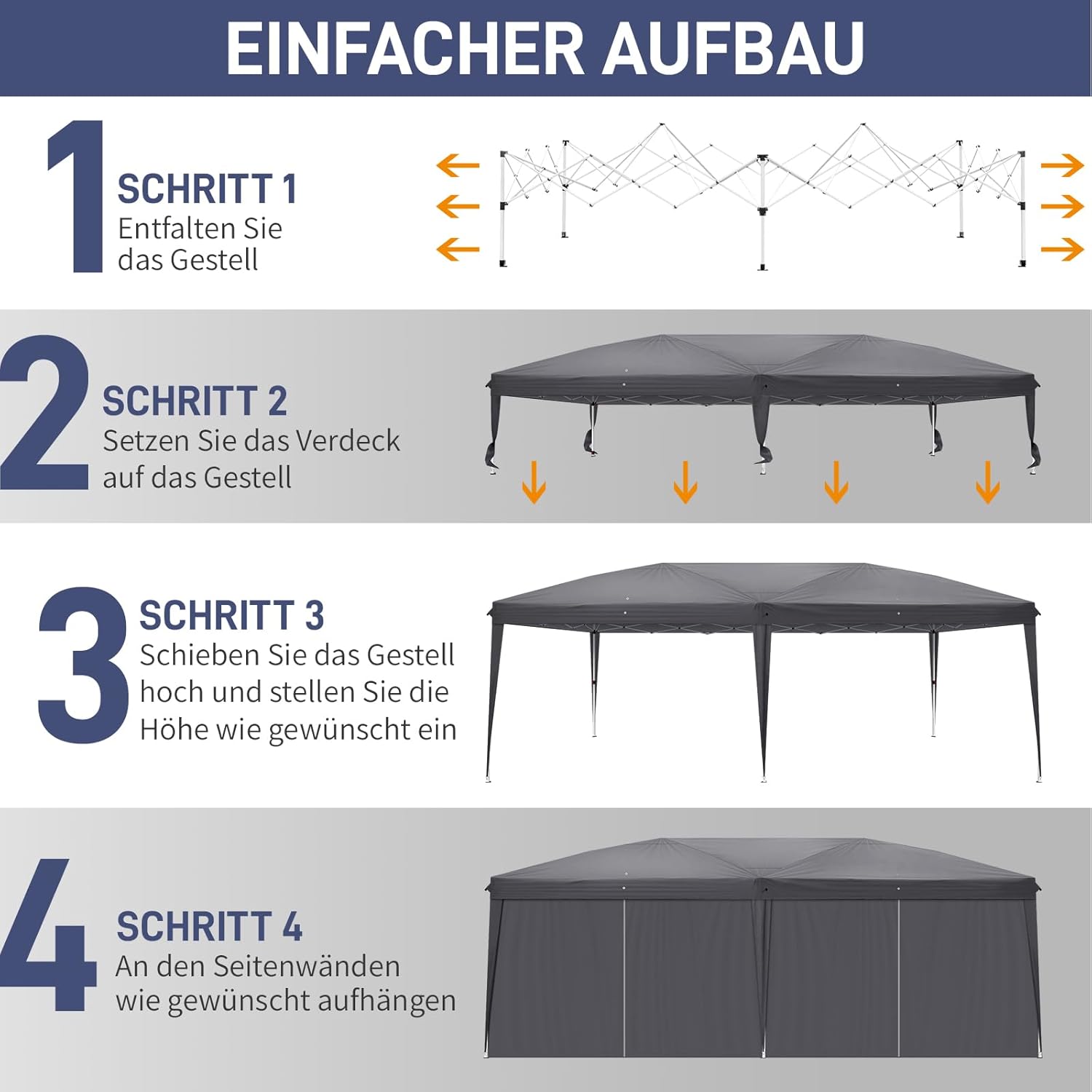 Pavillon 3x6 m,Faltpavillon,Wasserdicht Stabil Winterfest UV Schutz 50+,420D Oxford,Faltbar Höhenverstellbar,Partyzelt,Gartenzelt,Für Garten Camping,Outdoor,Grau,6 Seitenteilen