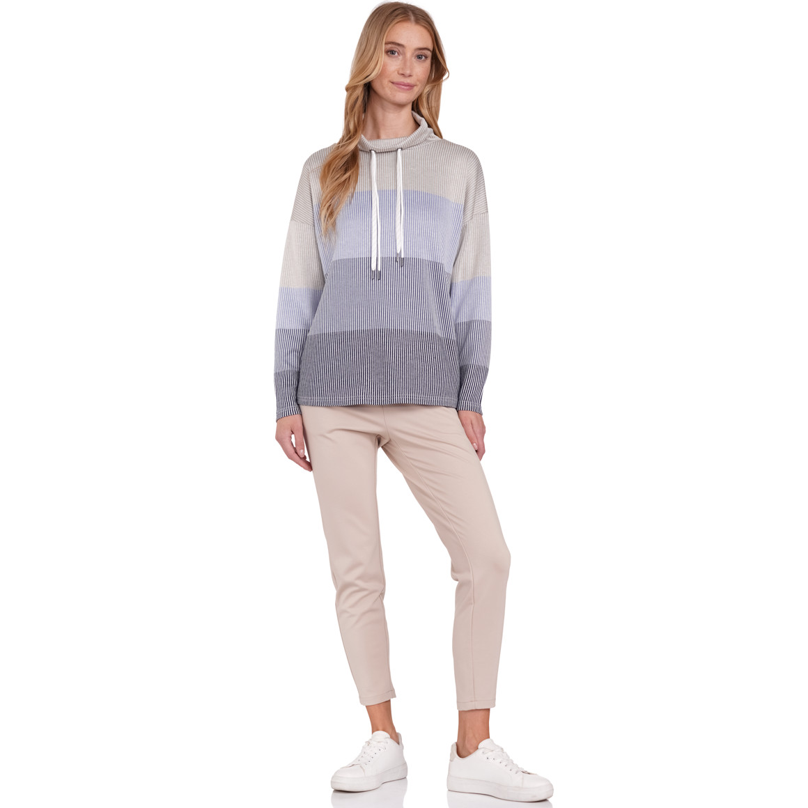 Gina Benotti Damen Sweatshirt mit Schalkragen beige / dunkelblau