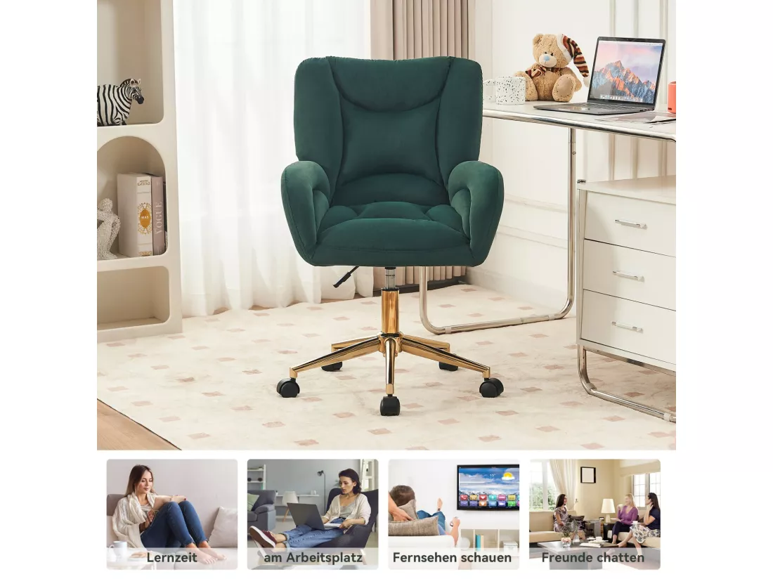 Chaise de bureau - Velours - Vert - Hauteur réglable - avec roulettes pivotantes et dossier ergonomique - 62x64x88/97cm