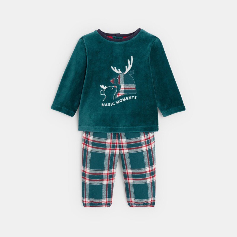 Pyjama en velours brodé rennes à carreaux bébé garçon Vert