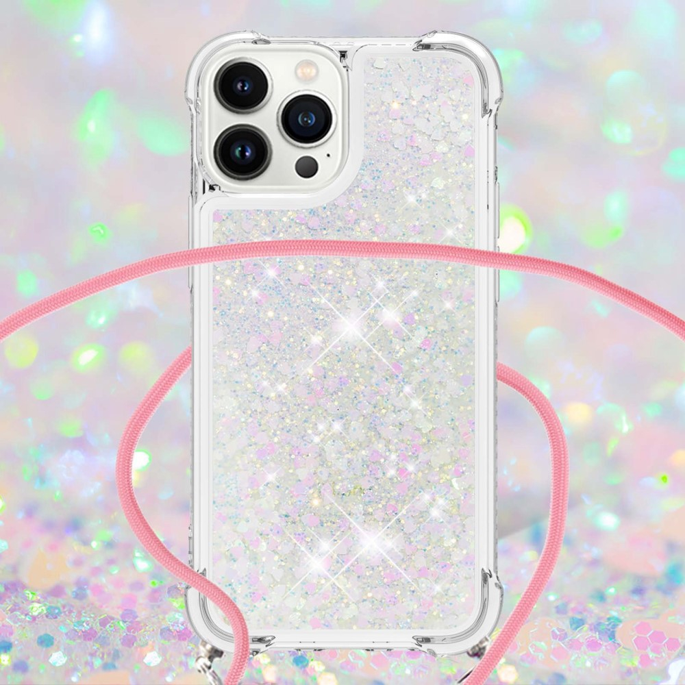 iPhone 14 Pro Necklace Gummi Hülle Liquid Glitzer   Handykette (130cm) - Rosa / Silber