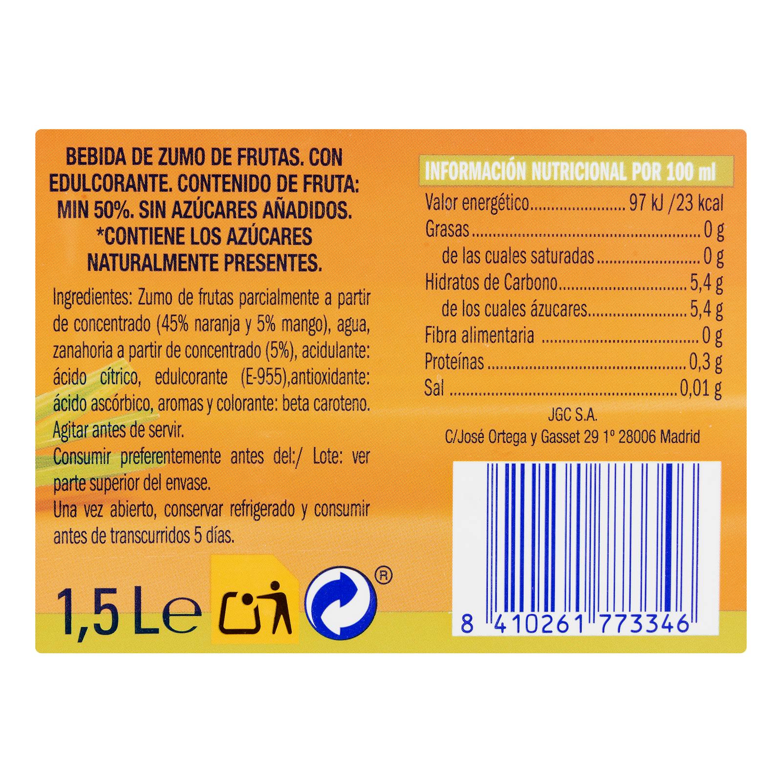 Boisson au jus d'orange, de mangue et de carotte La Verja sans sucres ajoutés