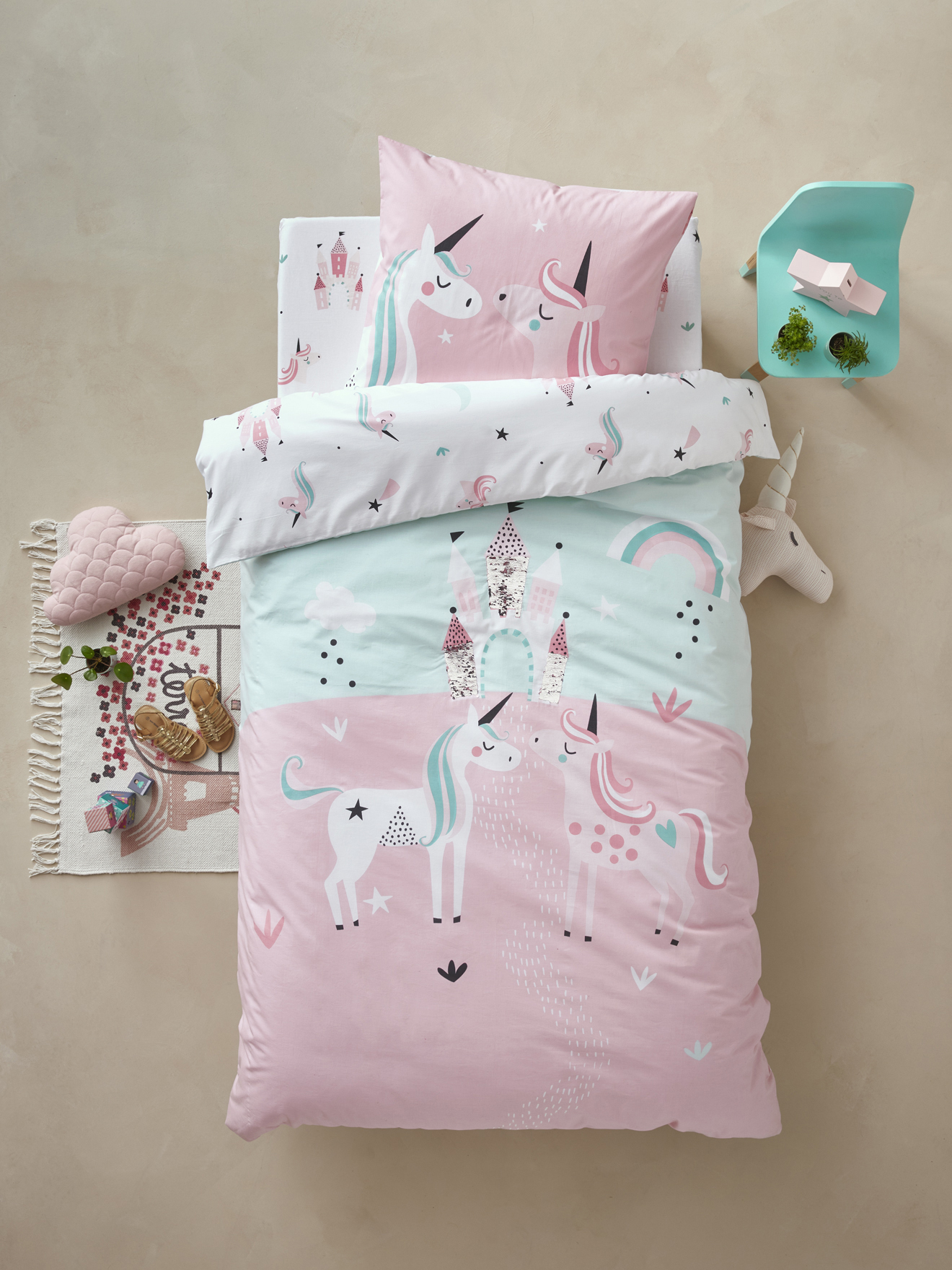 Conjunto de capa de edredom e fronhas para meninas com unicórnios mágicos + lençol de baixo infantil com unicórnios mágicos
