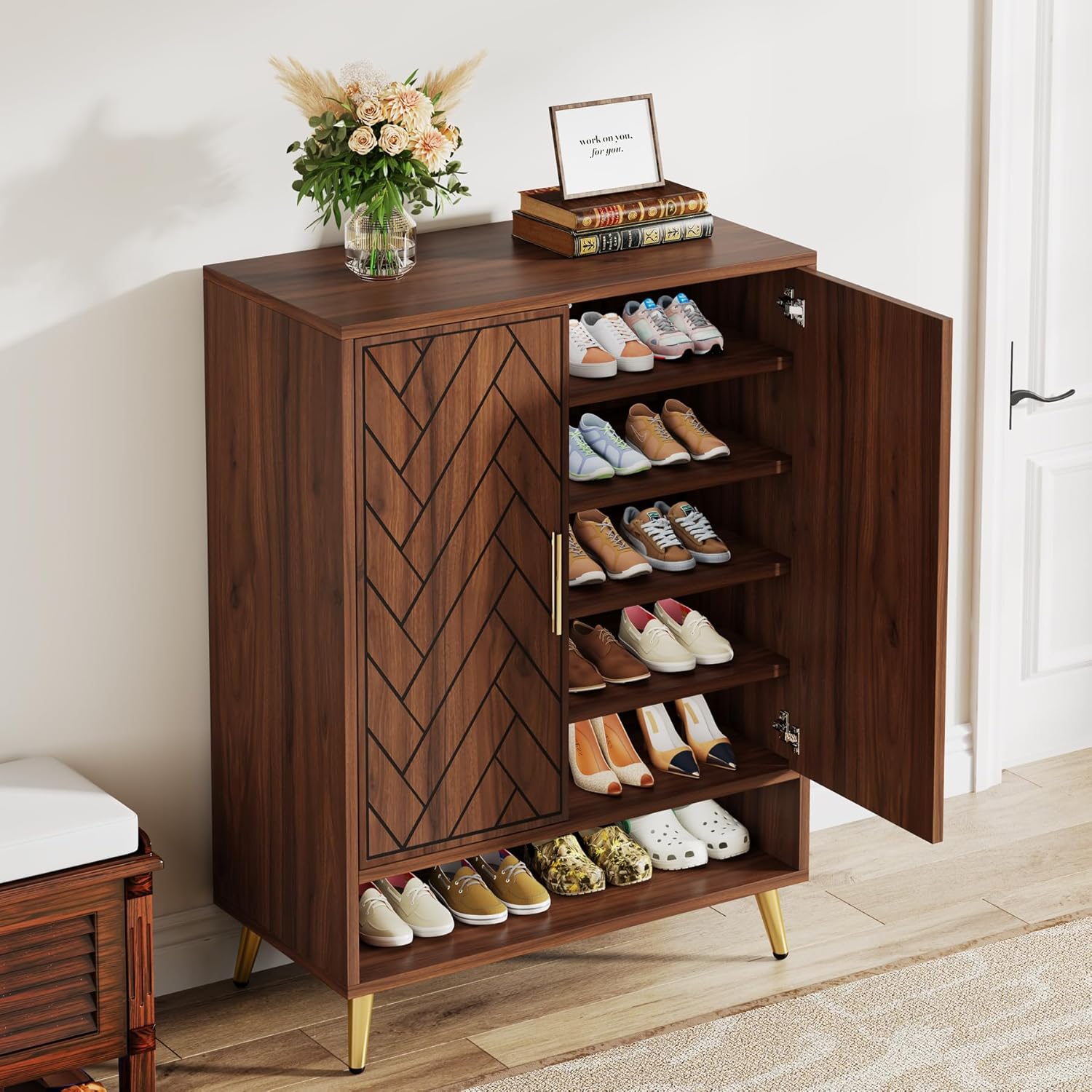 LITTLE TREE Schuhschranks, Holz Schuhkommode mit 2 Türen, Schuhregal mit 6 Ebenen und verstellbaren Regalen, Schmaler Schuhschrank für Wohnzimmer, Flur, Schlafzimmer, Braun