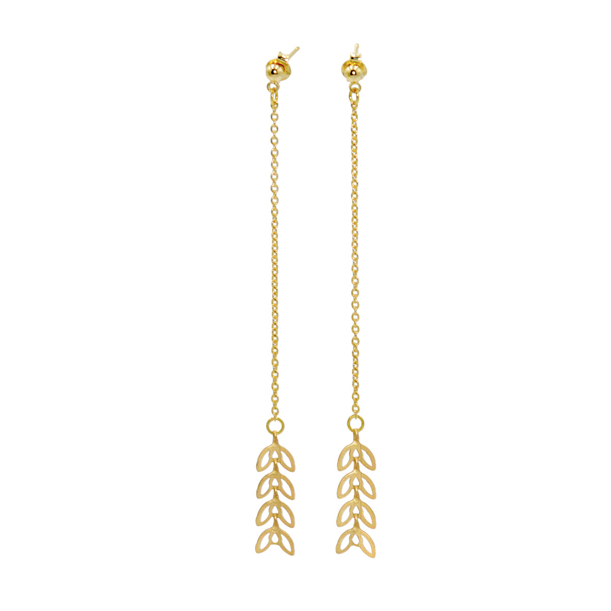 Boucles d'oreilles pendantes  chaîne feuille de laurier  doré à l 'or fin