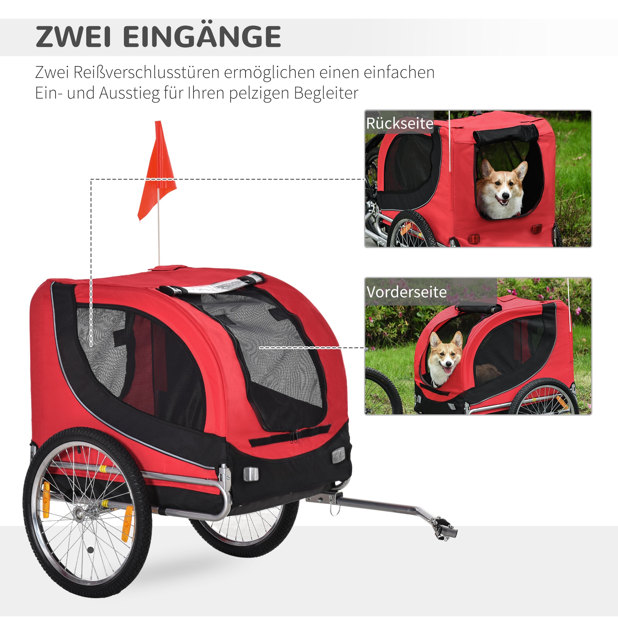 PawHut Fahrradanhänger für Hunde rot, schwarz ca. 78 x 73 x 94 cm (LxBxH)