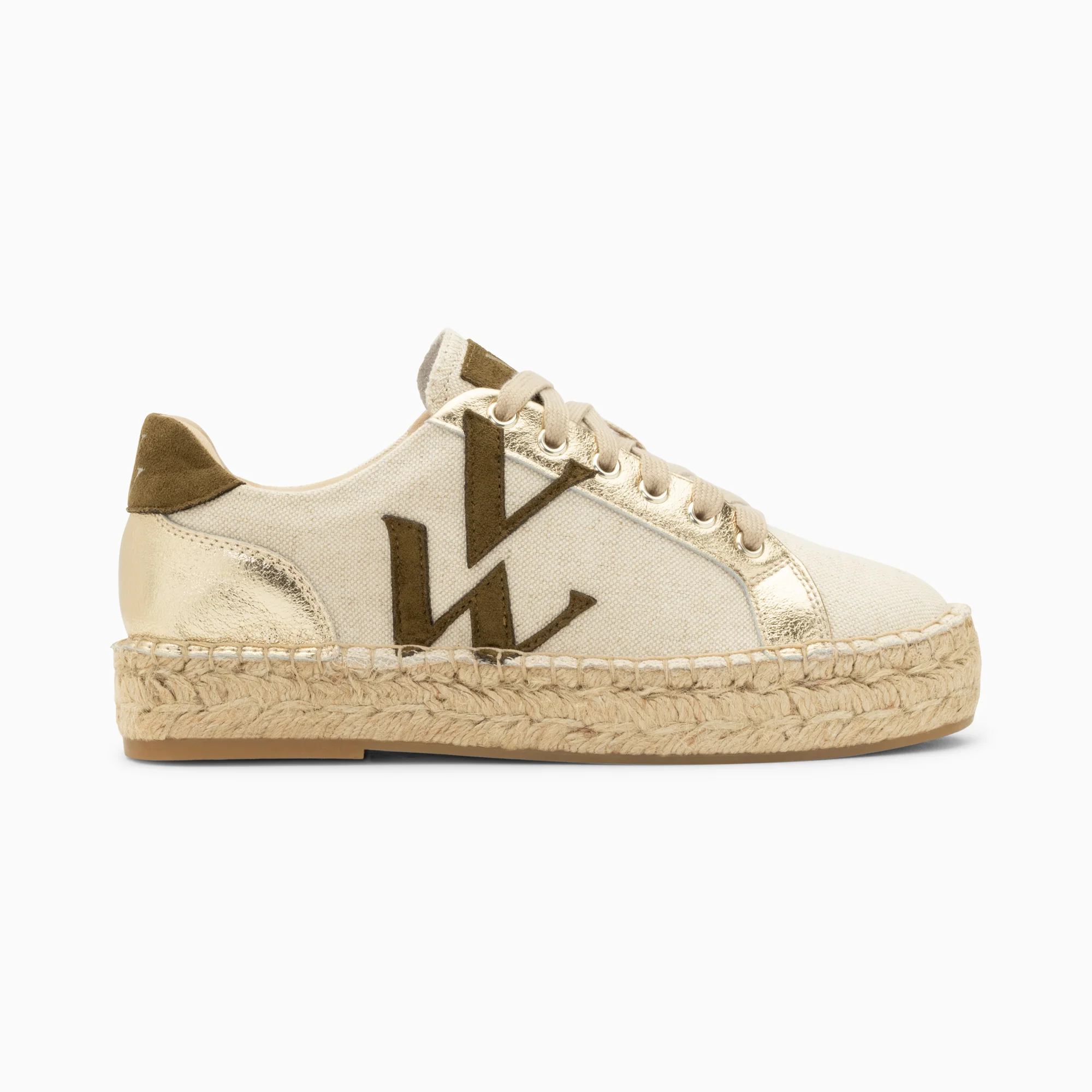 Sneakers-Baskets monogramme Aurore kaki et or à semelle espadrille