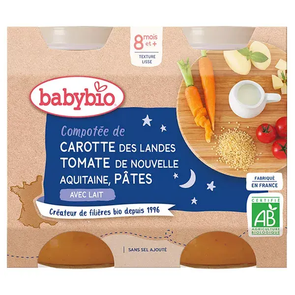 Babybio Refeição Noturna em Pot, Cenoura, Tomate e Massa +8m Orgânico, 2 x 200g