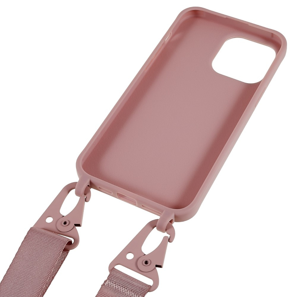 iPhone 14 Pro Max Necklace Gummi Case Hülle   Handykette Nylon Strap (160cm) - Sandrosa