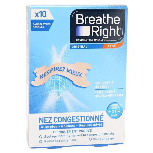 Tiras Nasais Breathe Right Originais para Nariz Congestionado (10 unidades)