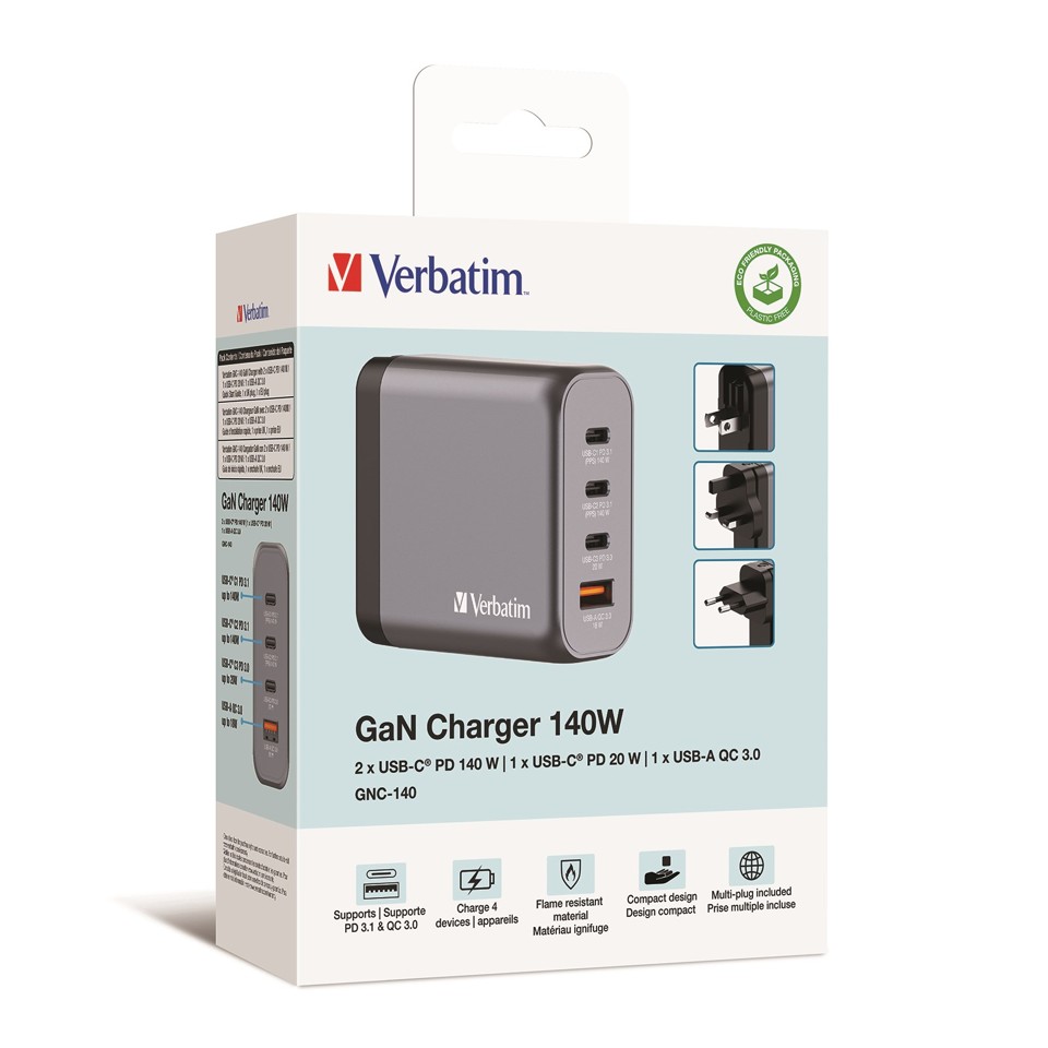 Verbatim - GNC-140 GaN oplader 4 port 140W USB-A/USB-C