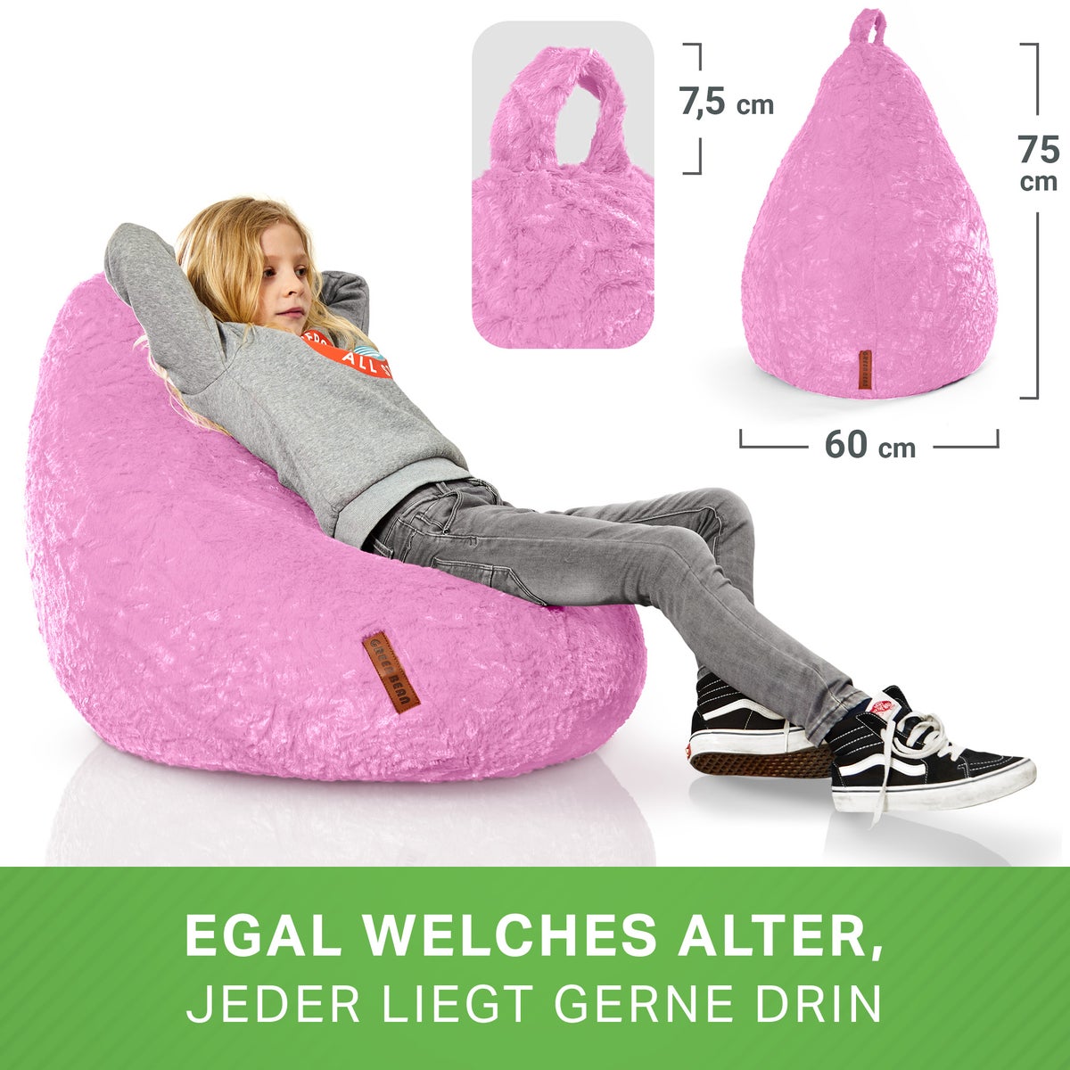 Green Bean Pluche Zitzak 45x45x60cm - Binnenzitkussen met 120L EPS-korrelvulling, comfortabel, wasbaar - Zitzak Vloerkussen, Loungestoelkruk - Roze