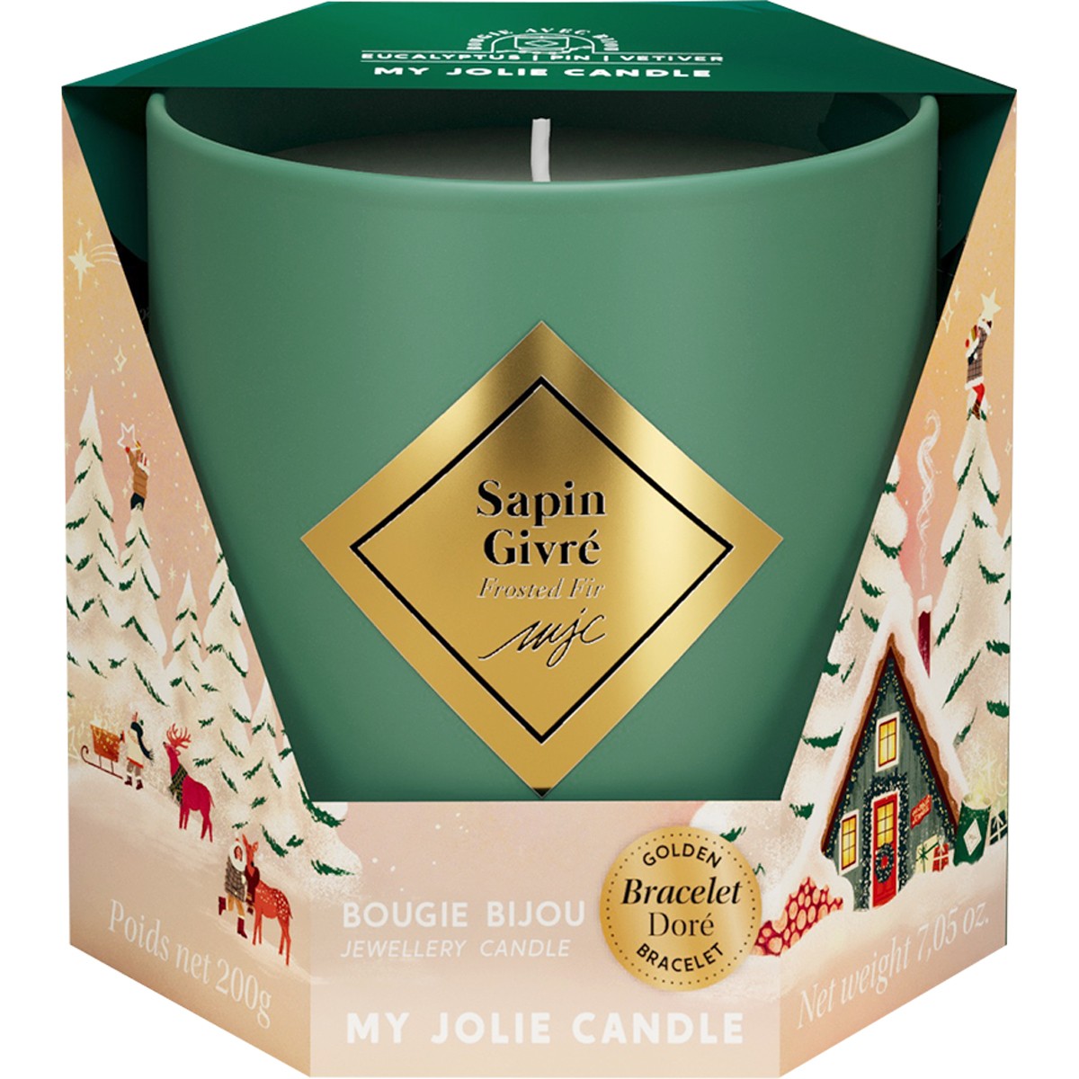 Bougie parfumée - Sapin givré - Bracelet acier inoxydable doré & rouge - 200 g