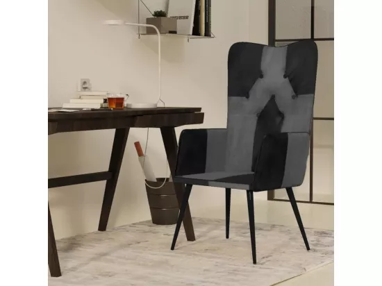 Fauteuil à oreilles Noir et gris Cuir véritable