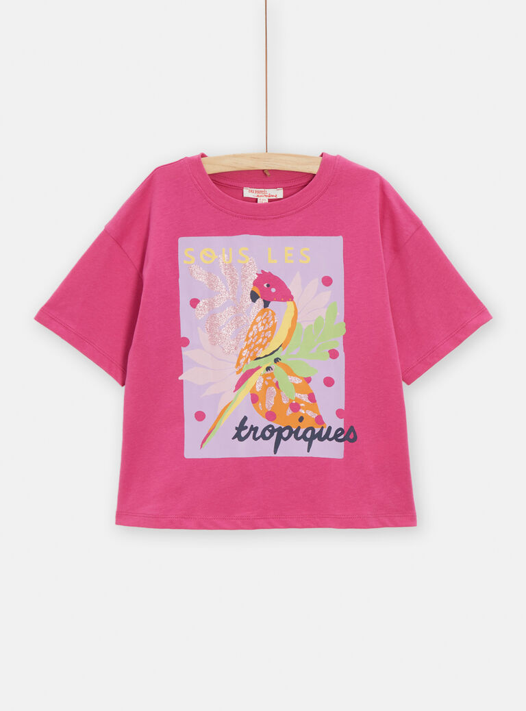 T-shirt fuchsia animation tropical paillette pour fille