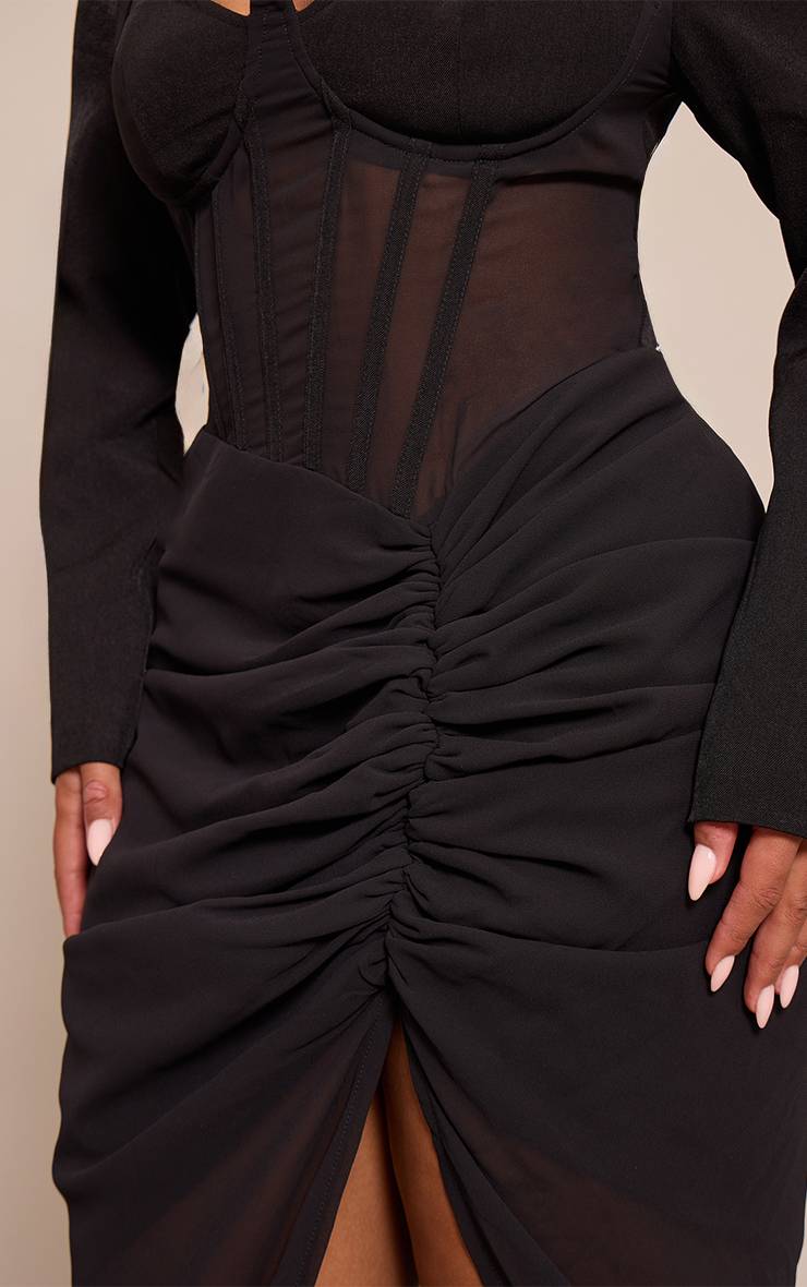 Noir Robe Moulante Mi-longue À Manches Longues Avec Détail Corset Et Fronces Shape