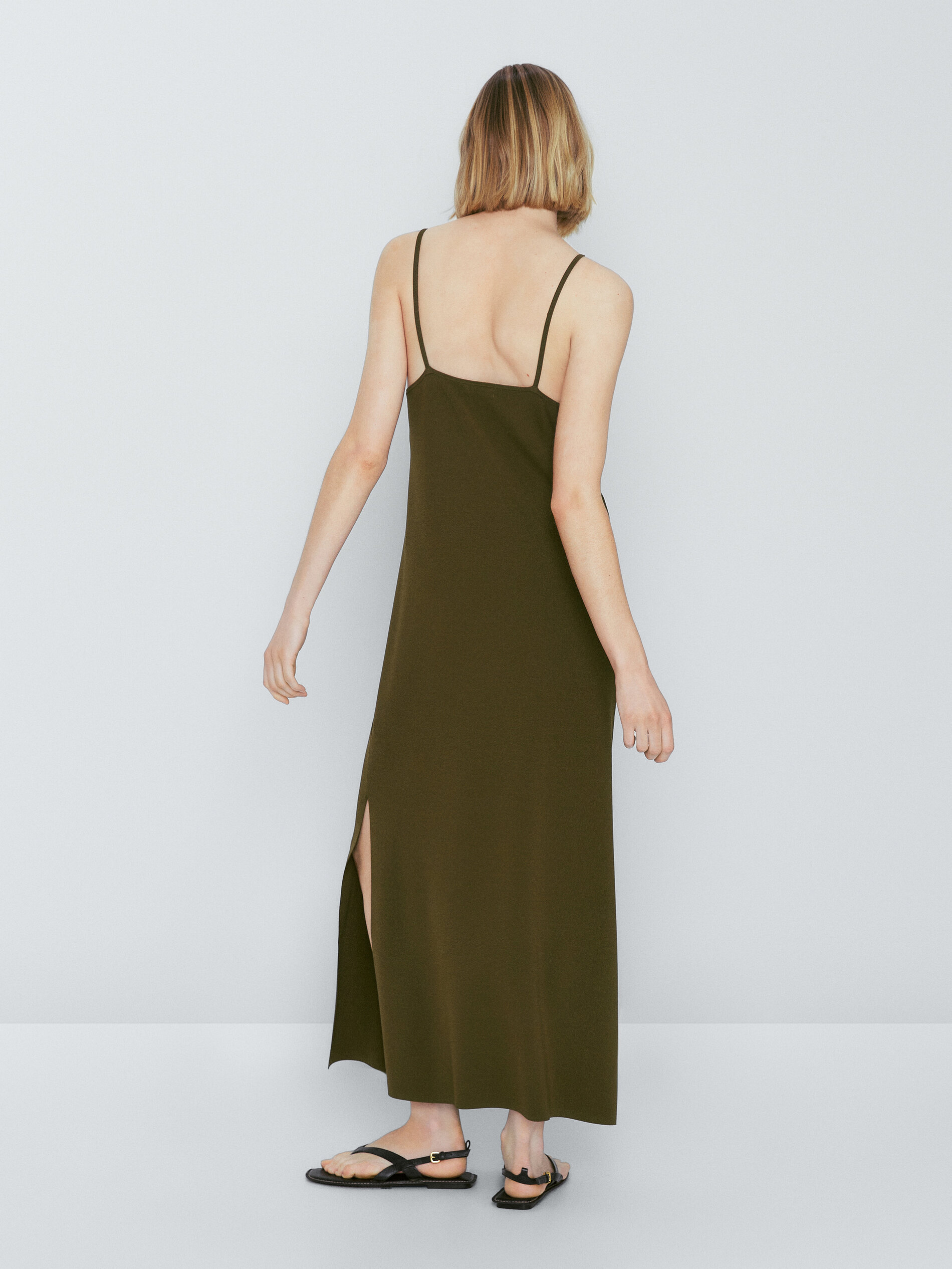 Vestido cuadrado escote com amarração - DARK KHAKI