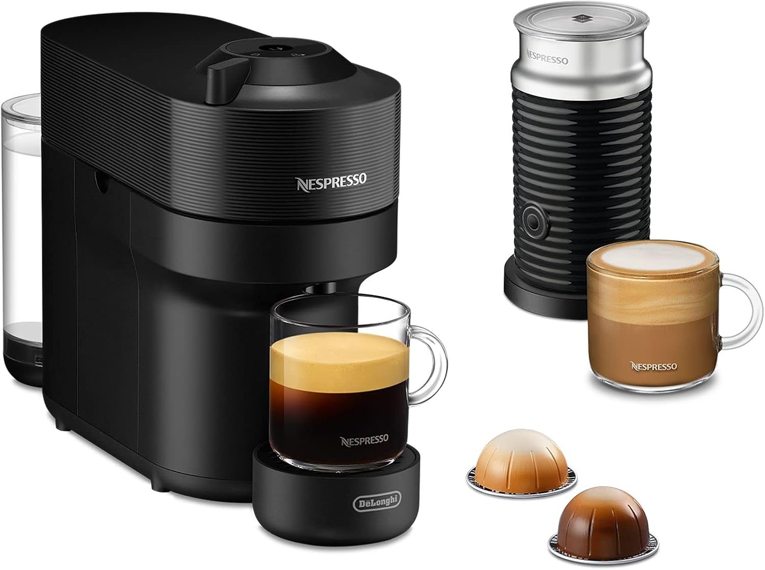 Nespresso De'Longhi ENV90.BAE Vertuo Pop, Kaffeekapselmaschine + Aeroccino, Centrifusion-Technologie, Willkommens-Paket Inbegriffen, 1260W, Schwarz