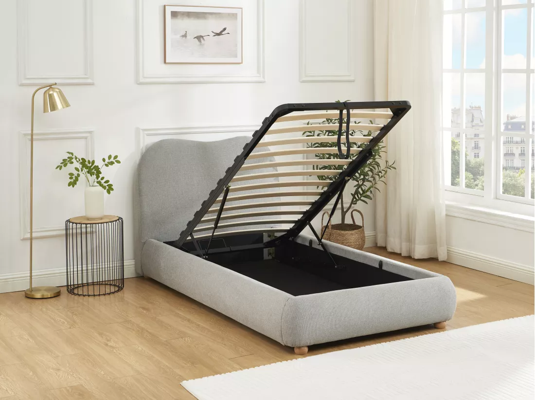 Lit coffre 90 x 190 cm - Tissu - Gris clair - VANARI