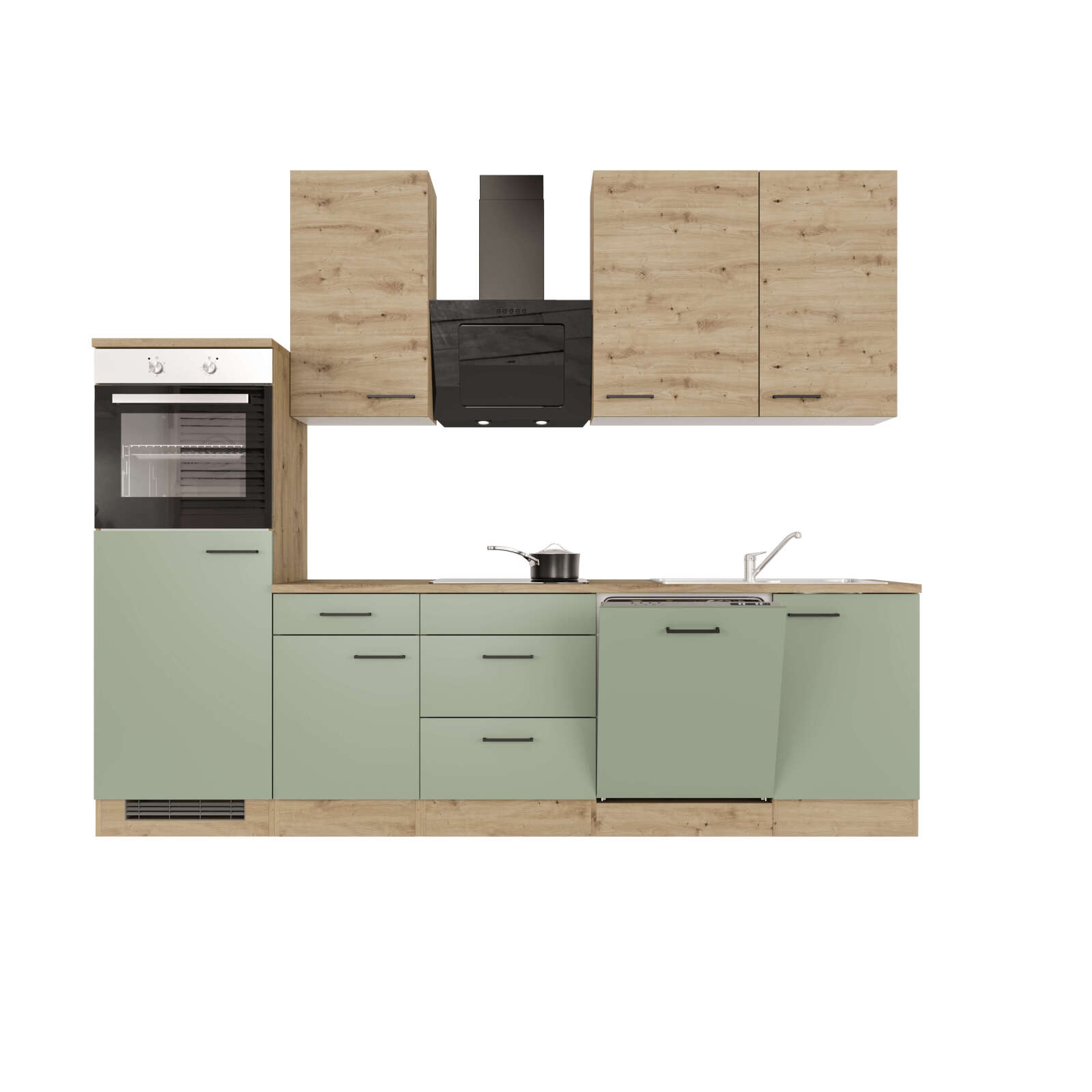 Küchenblock CARA - schilfgrün - Artisan Eiche - mit E-Geräten - 280 cm