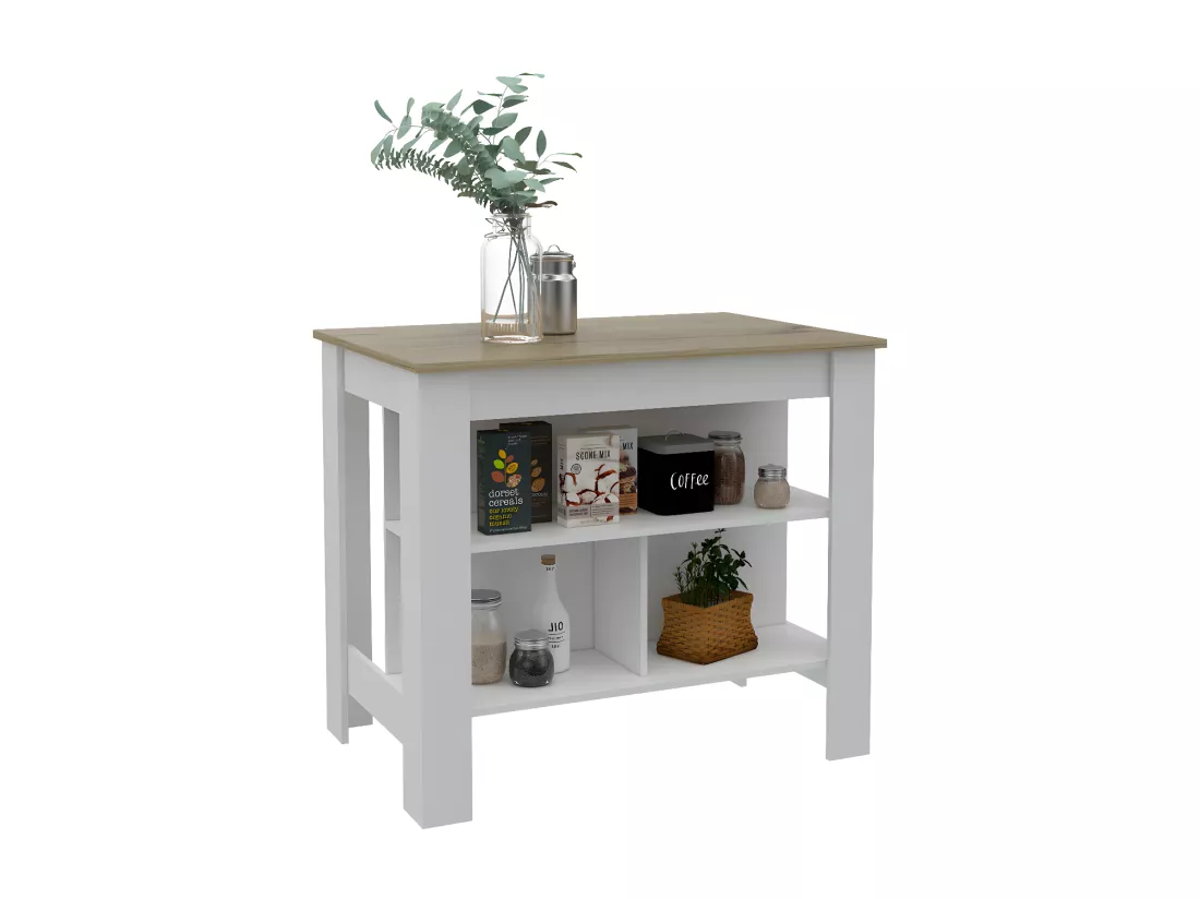 Îlot de cuisine Cala, trois étagères et quatre pattes, 90 cm à x 103 cm le x 70 cm P, blanc / Chêne clair