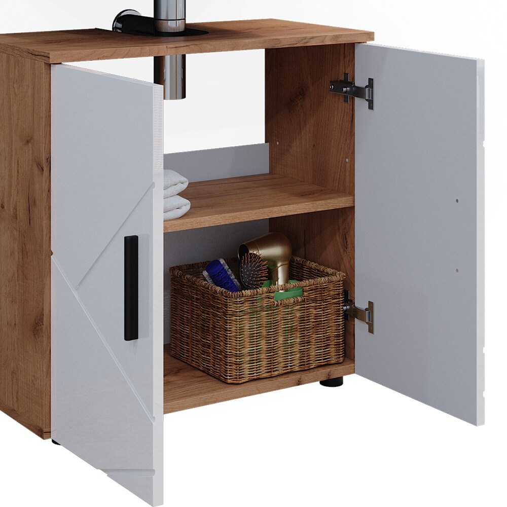 Vicco Badmöbelset Irma Eiche Weiß Hochglanz modern Badezimmerschrank Badschrank Badezimmermöbel Waschtischunterschrank Spiegelschrank Kommode Schranktür Schrankfach
