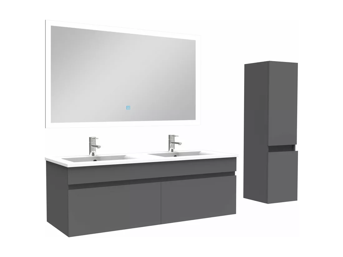 Ensemble meuble Salle de Bain 120cm avec vasque + colonne + miroir lumineux 3 couleurs anthracite