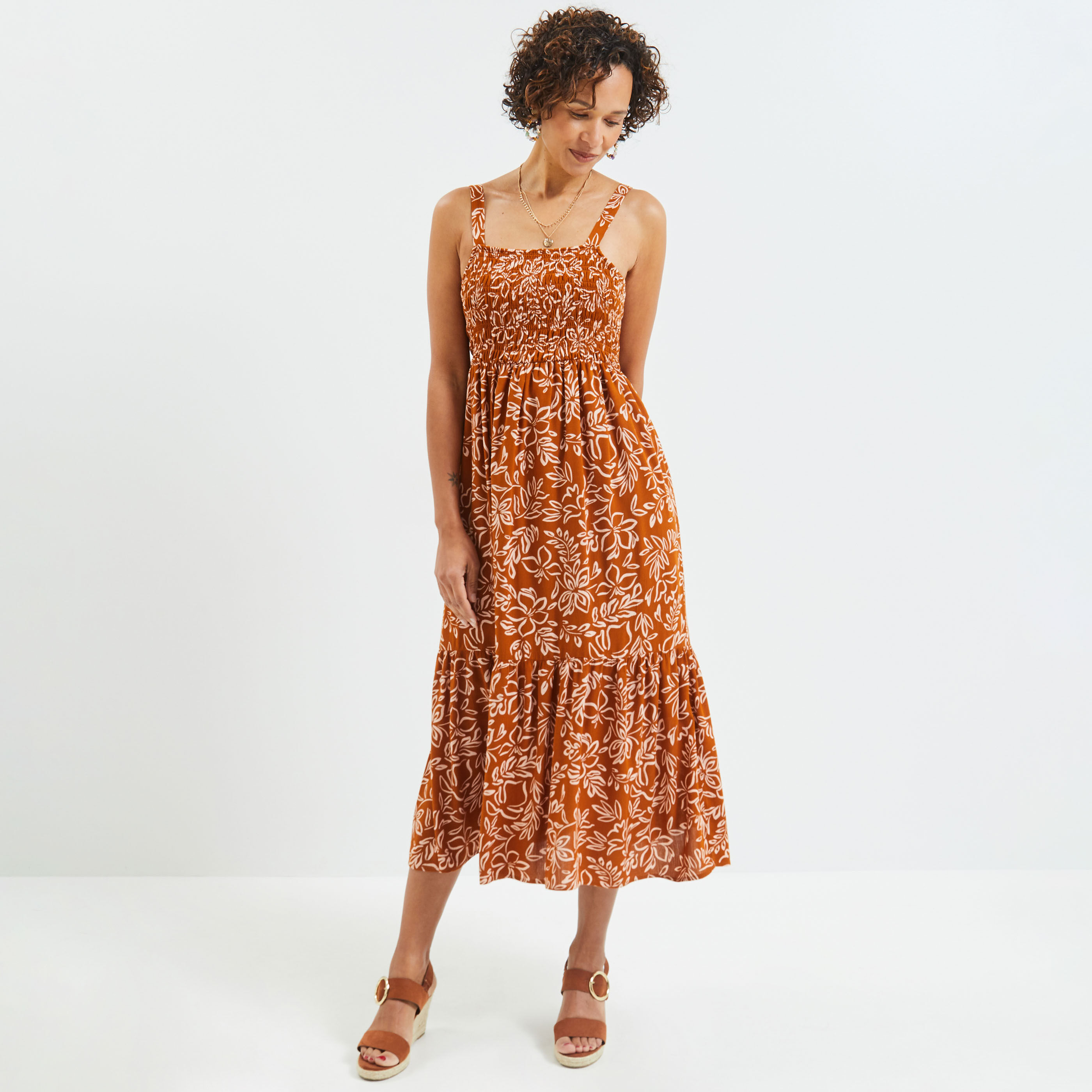 Robe longue imprimée femme - CAMEL