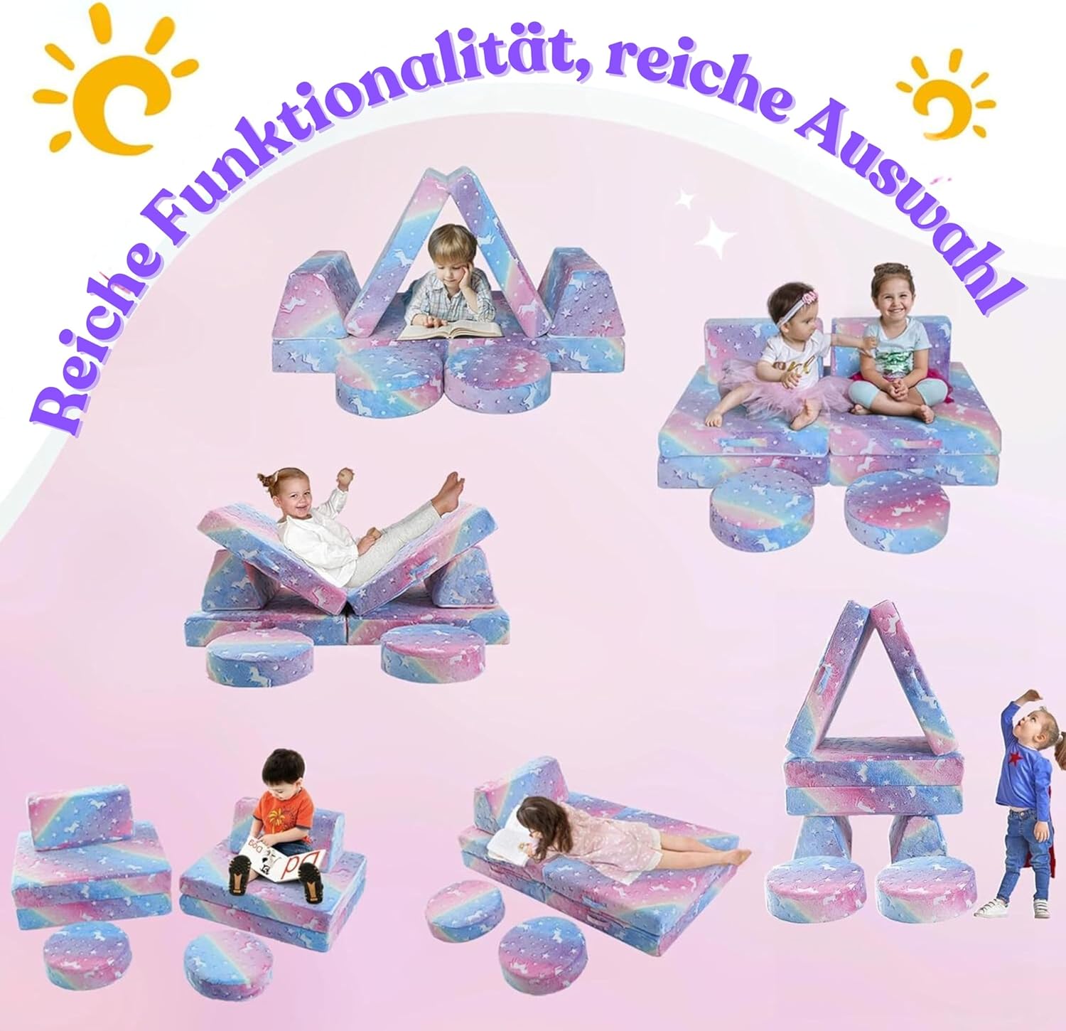 MeMoreCool Spielsofa für Kinder, Modulares Sessel Couch für Kuschelecke Kinderzimmer, Schlafsofa, 8-teiliges Sofa Spielset, Schaumstoff Sofa Bed mit Schlaffunktion für Mädchen Jungen, Regenbogen