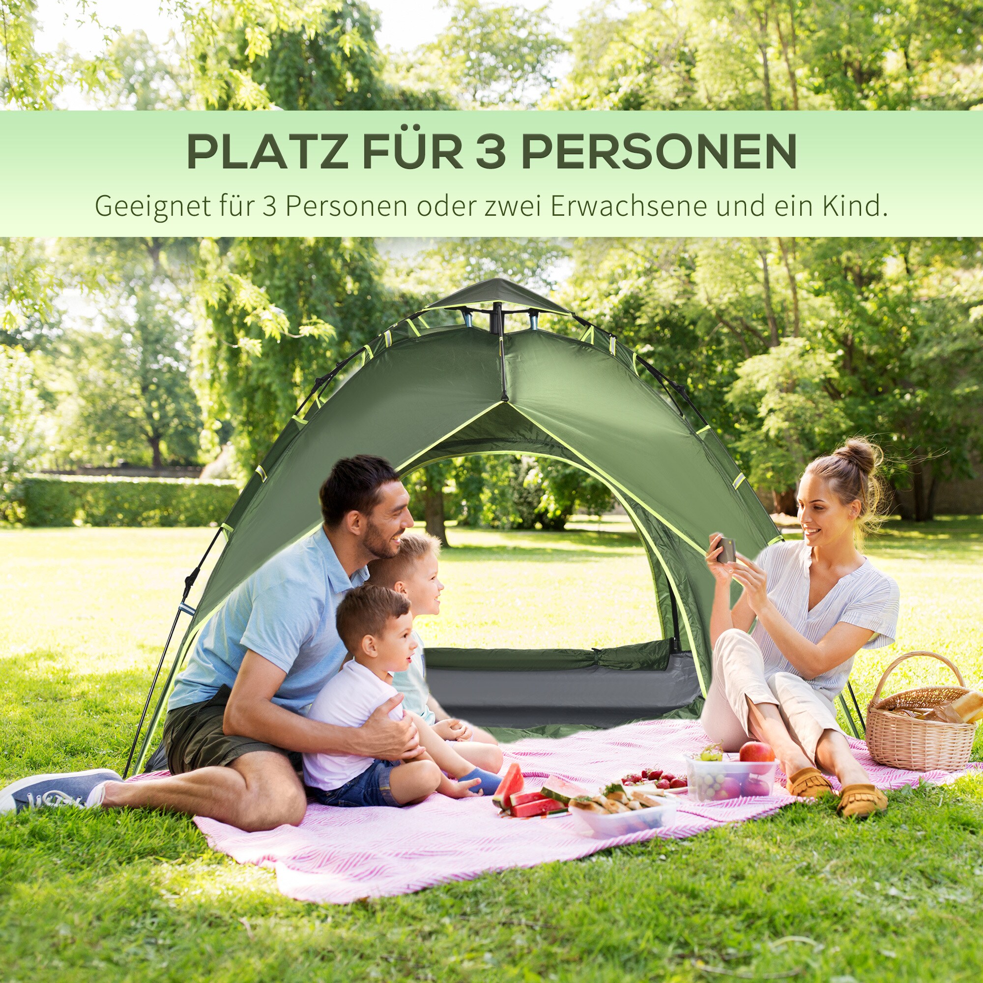 Outsunny Quick-Up-Zelt für 2 Personen + 1 Kind dunkelgrün 210 x 210 x 140 cm (LxBxH)