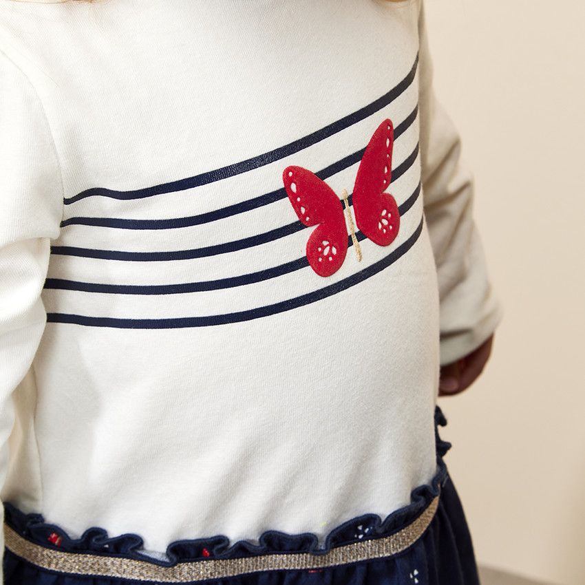 Robe manches longues effet 2 en 1 motifs papillons pour bébé fille - Ecru