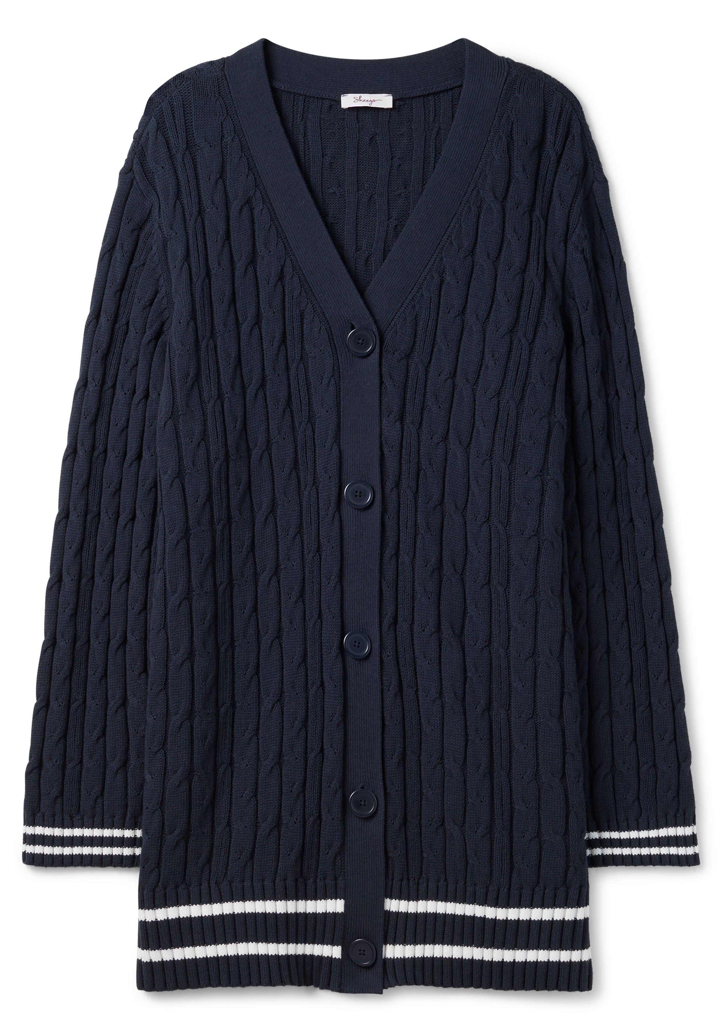 Longstrickjacke im Zopfmuster, mit Streifen-Bündchen