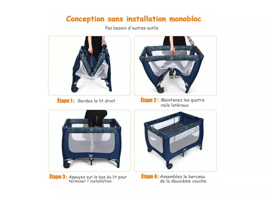 Lit Parapluie Pliant Bébé 0-36 Mois 3 en 1 avec Matelas Roulettes Sac de Transport Charge Max 15KG Gris 125 x 65 x 76CM（Bleu)