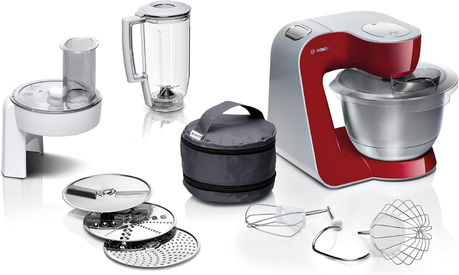 Bosch Küchenmaschine Serie 4, Edelstahl-Schüssel 3,9 L spülmaschinenfest, Mixer 1,25 L, Planetenrührwerk,Knethaken,Schlag,Rührbesen, Durchlaufschnitzler, 3 Scheiben, 1000 W, Dunkelrot, MUM58720
