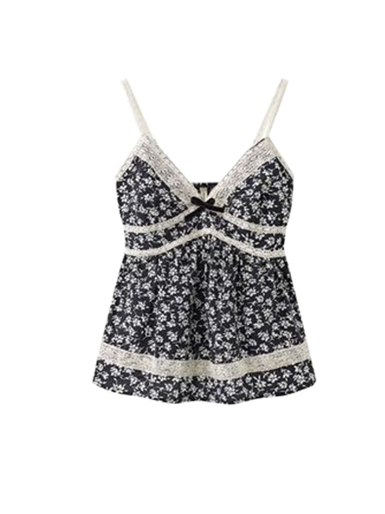 minaga - V-hals bloemenprint strik accent kant rand flowy crop top