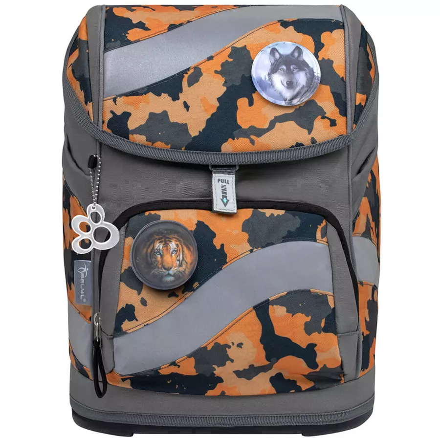Belmil Schulranzen Smarty Schulranzen Set 6-teilig mit Brustgurt, Hüftgurt Orange Camouflage