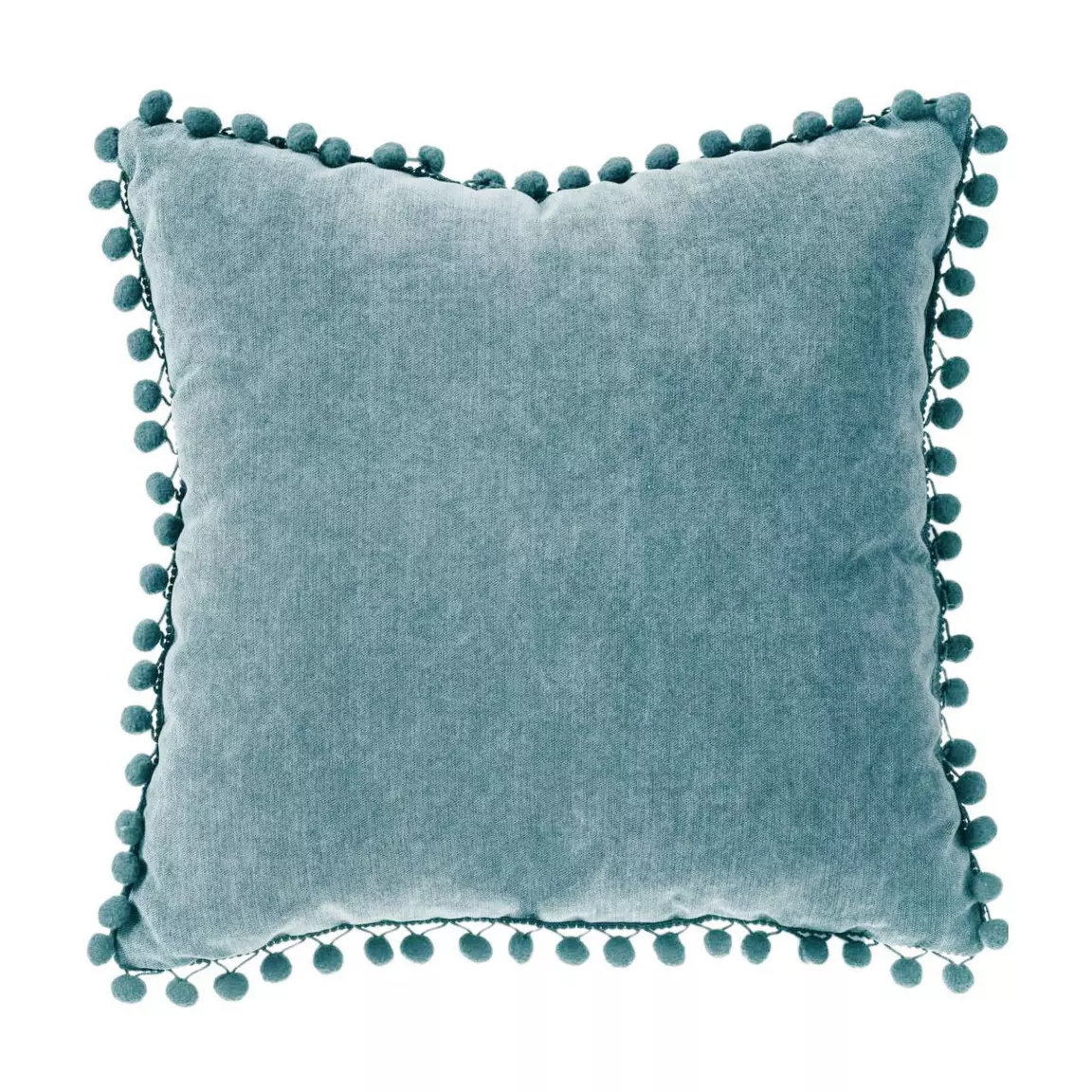 Coussin carré (40 x 40 cm) Pompons Bleu canard