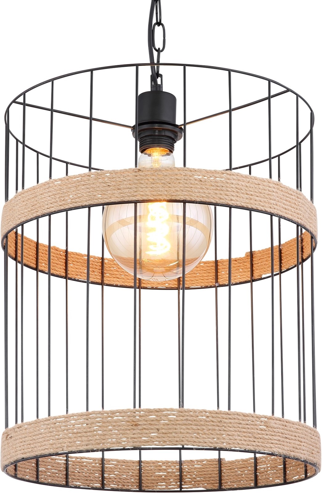 Pendelleuchte - schwarz matt - braun - Hanfseil - 145 cm