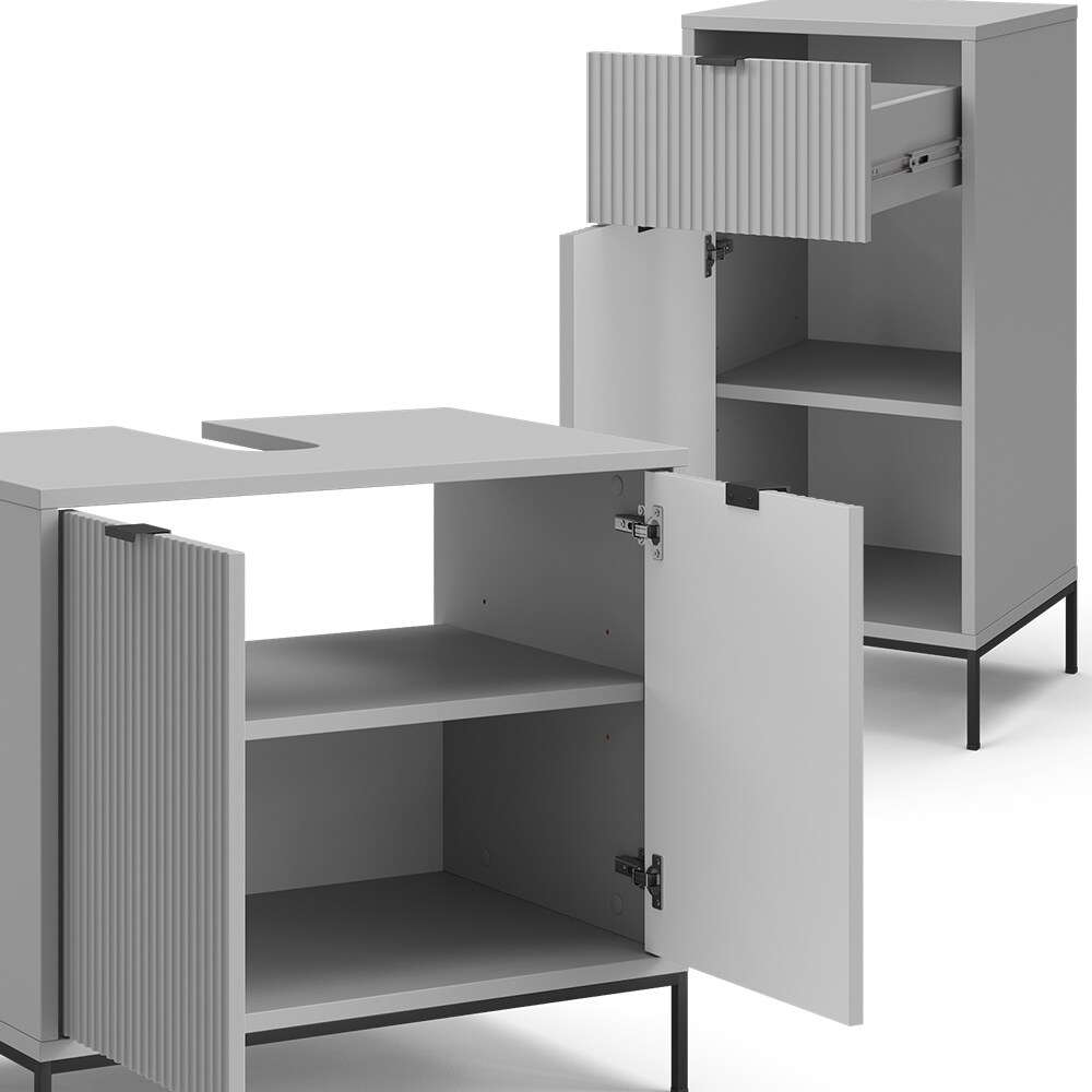 Vicco Badmöbel-Set Eliza, Grau, Badezimmer, moderne Badserie, extravagante Fronten, Waschtischunterschrank, Spiegelschrank, Midischrank, Hängeschrank