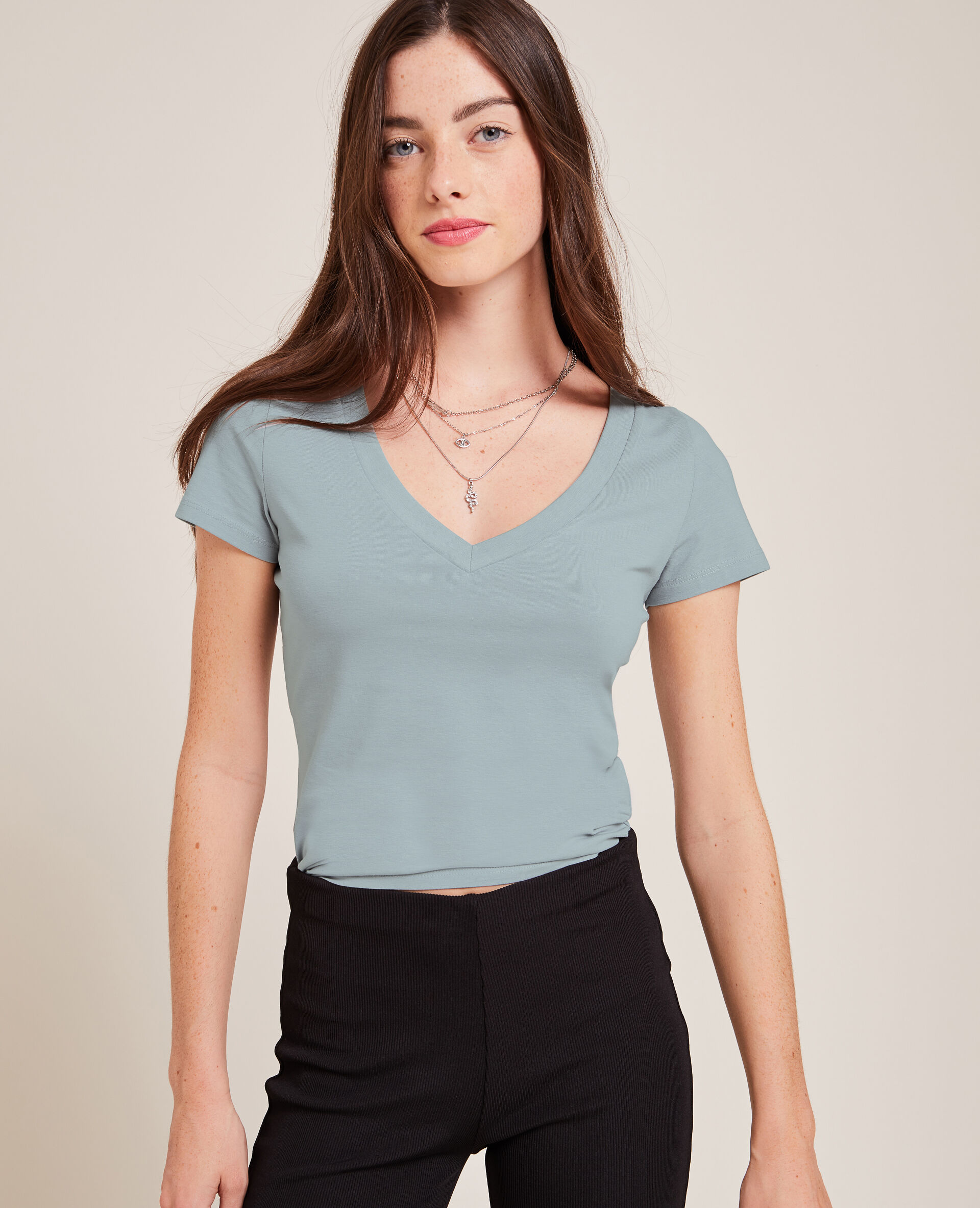 T-shirt col V - Gris clair
